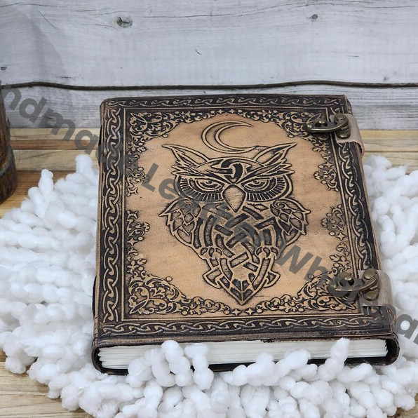 Handmade Leather Journal with Celtic Owl, Embossed Book of Shadows