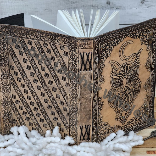 Handmade Leather Journal with Celtic Owl, Embossed Book of Shadows