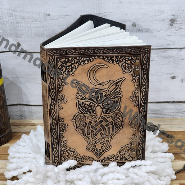Handmade Leather Journal with Celtic Owl, Embossed Book of Shadows
