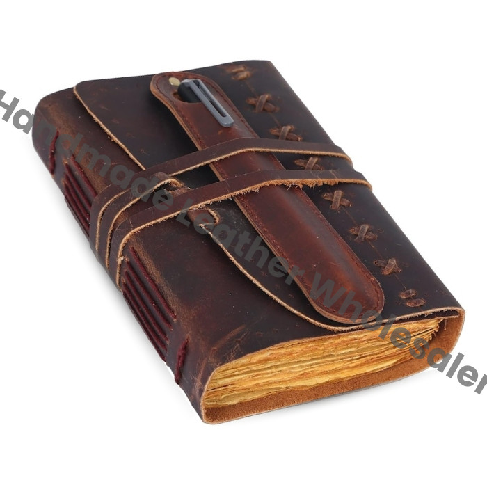 Handmade Leather Journal with Pen Holder, Vintage Deckle Edge Paper