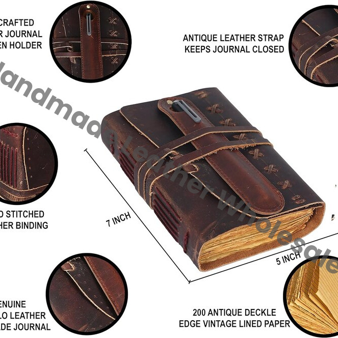 Handmade Leather Journal with Pen Holder, Vintage Deckle Edge Paper