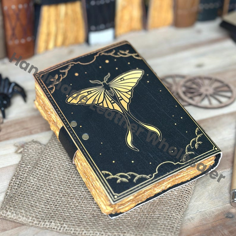 Handmade Leather Luna Moth Journal: Engraved Book of Shadows
