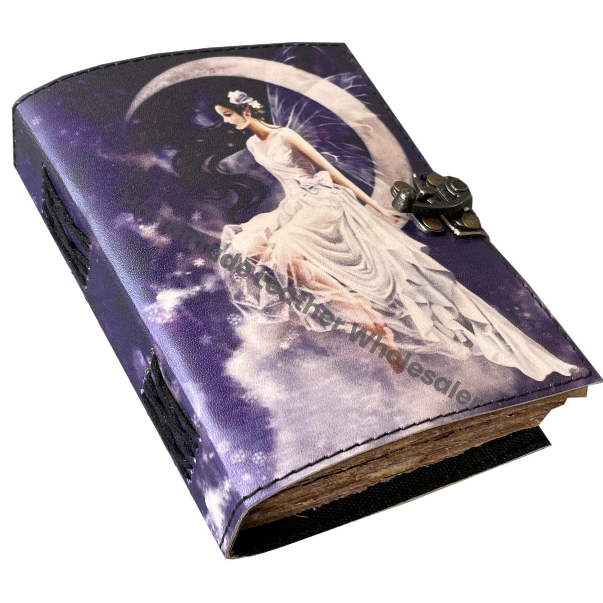 Handmade Leather Print Journal Vintage Fairy of Moon Design Deckle Edge A4 Paper Notebook & Sketchbook