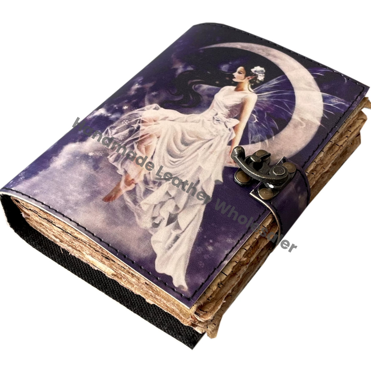 Handmade Leather Print Journal Vintage Fairy of Moon Design Deckle Edge A4 Paper Notebook & Sketchbook