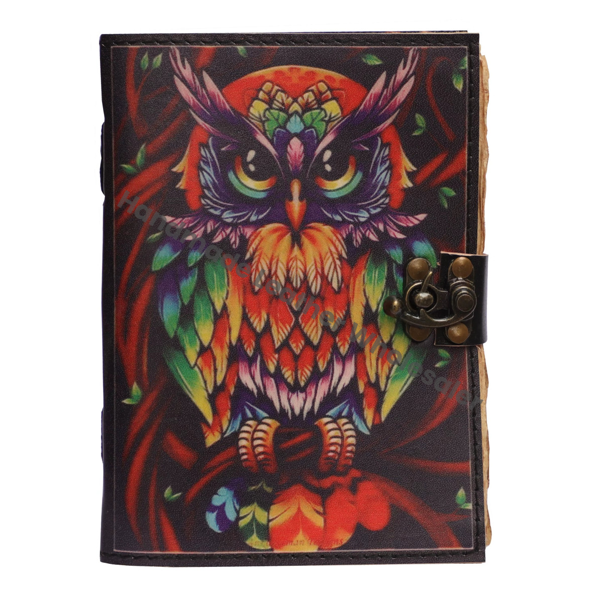 Handmade Leather Printed Owl Design Journal Deckle Edge Eco-friendly Paper Sketchbook Clasp Cover Gift Diary