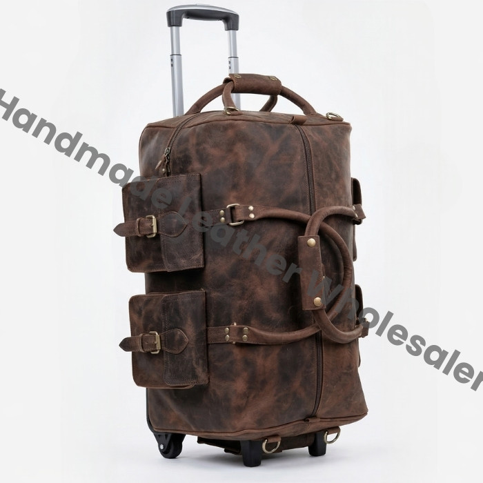 Handmade Leather Rolling Duffel Bag: Personalized Weekender Trolley Travel Bag Groomsmen Gift