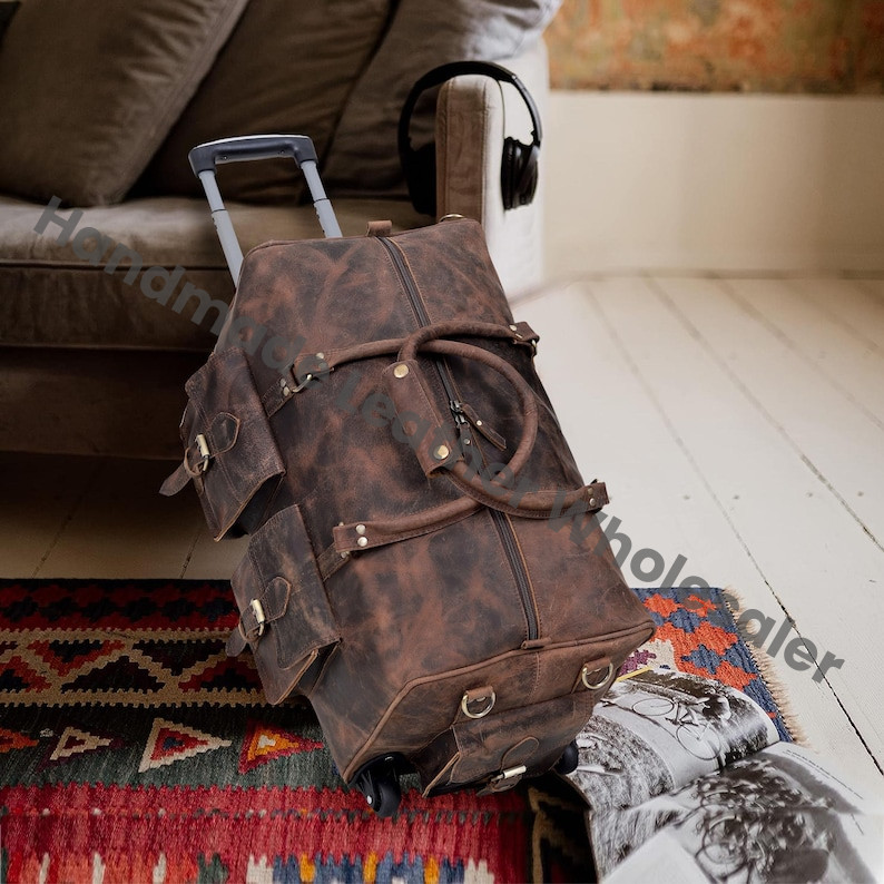 Handmade Leather Rolling Duffel Bag: Personalized Weekender Trolley Travel Bag Groomsmen Gift