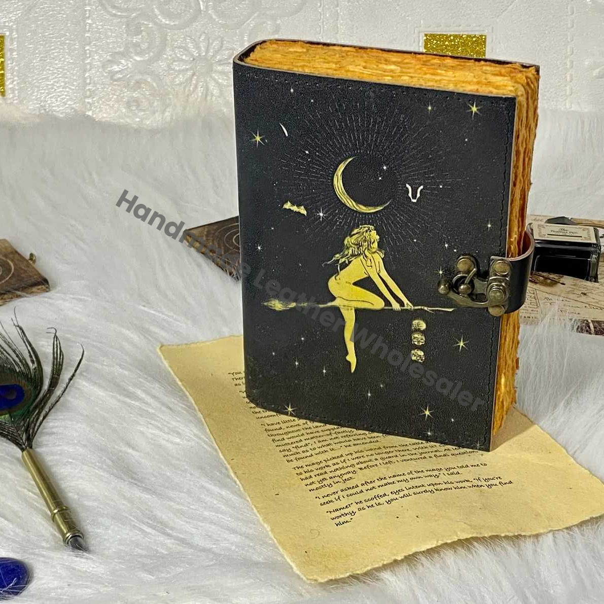 Handmade Leather Spell Book: Witch Journal Grimoire with Deckle Edge Paper