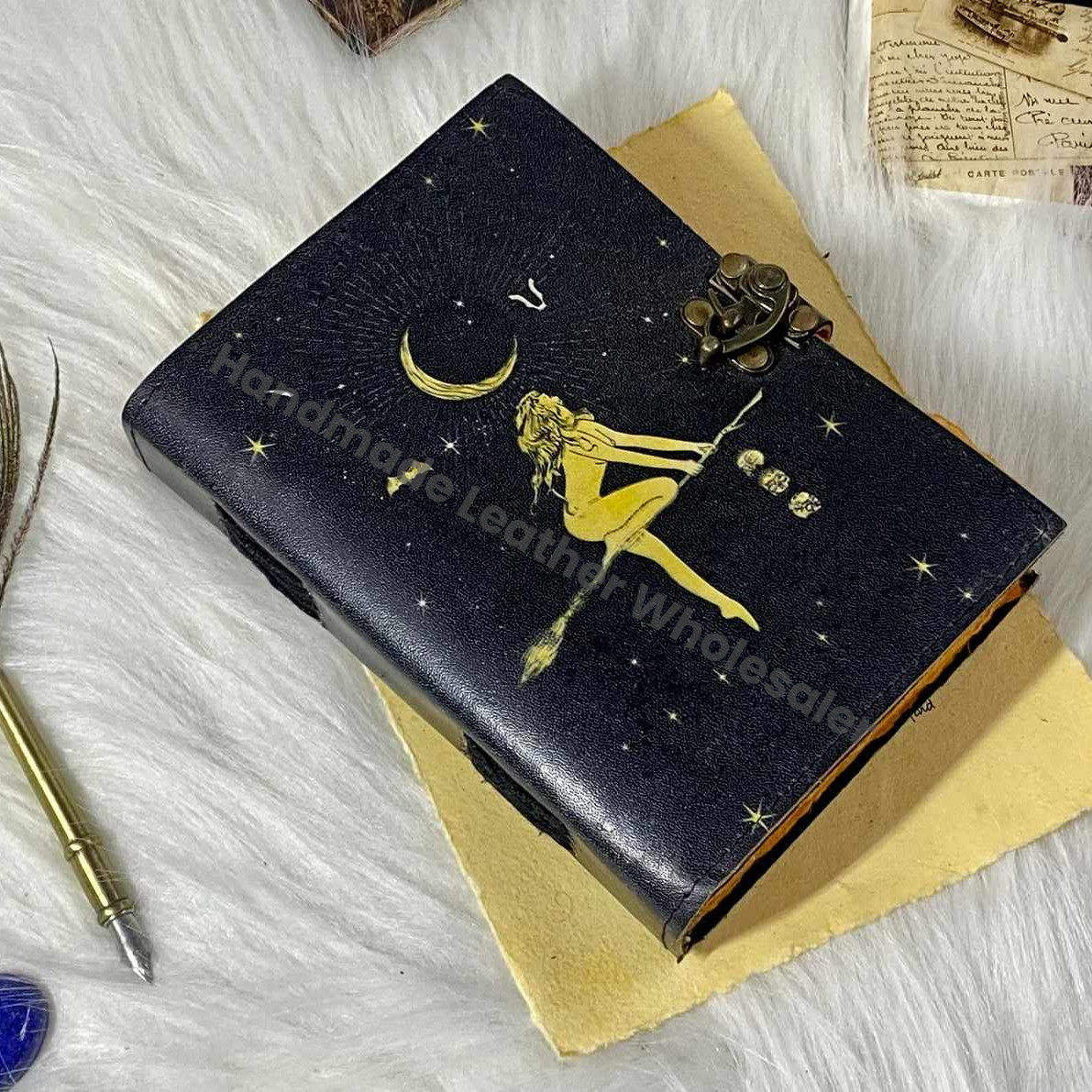 Handmade Leather Spell Book: Witch Journal Grimoire with Deckle Edge Paper