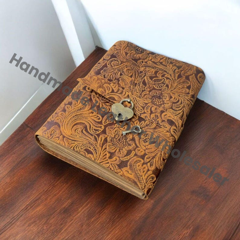 Handmade Leather Travel Journal with Vintage Paper – Spell Book of Shadows Antique Lock Notebook for Writing, Sketching & Memories