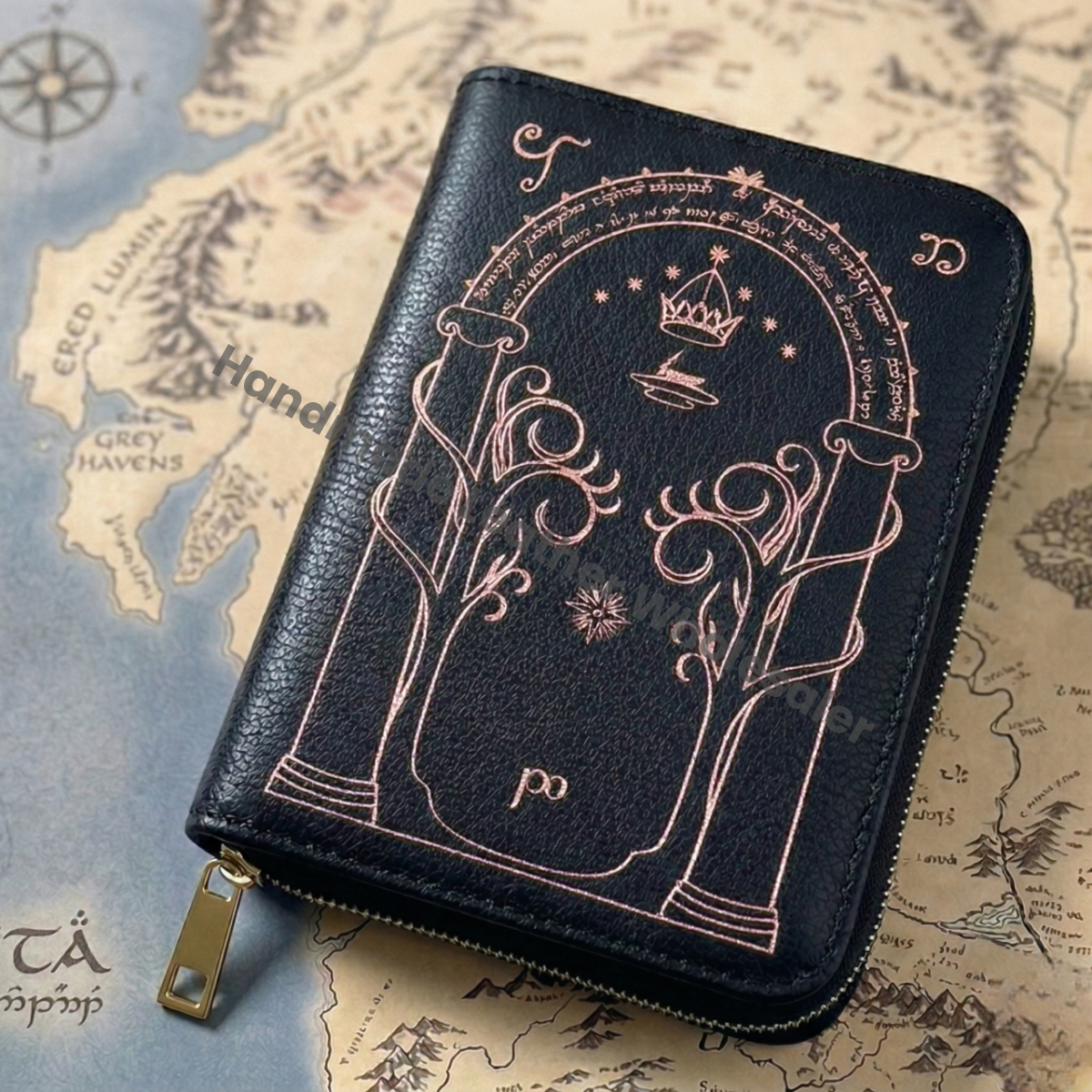 Handmade Leather Wallet with Door of Durin Design | 4 Card Slots | Tolkien Inspired