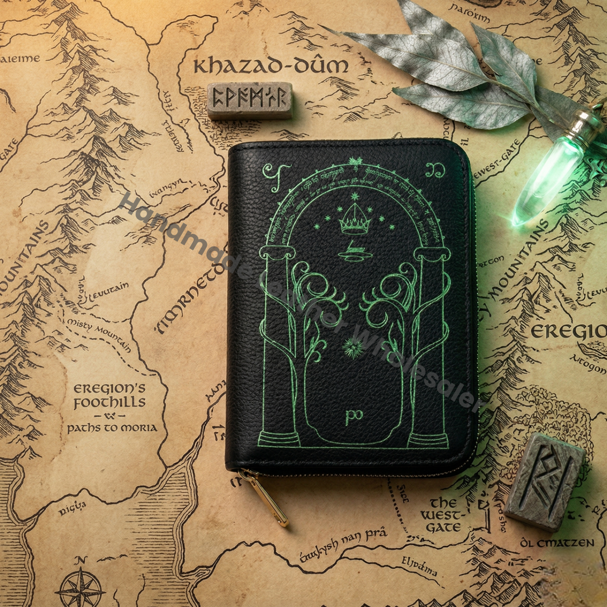 Handmade Leather Wallet with Door of Durin Design | 4 Card Slots | Tolkien Inspired