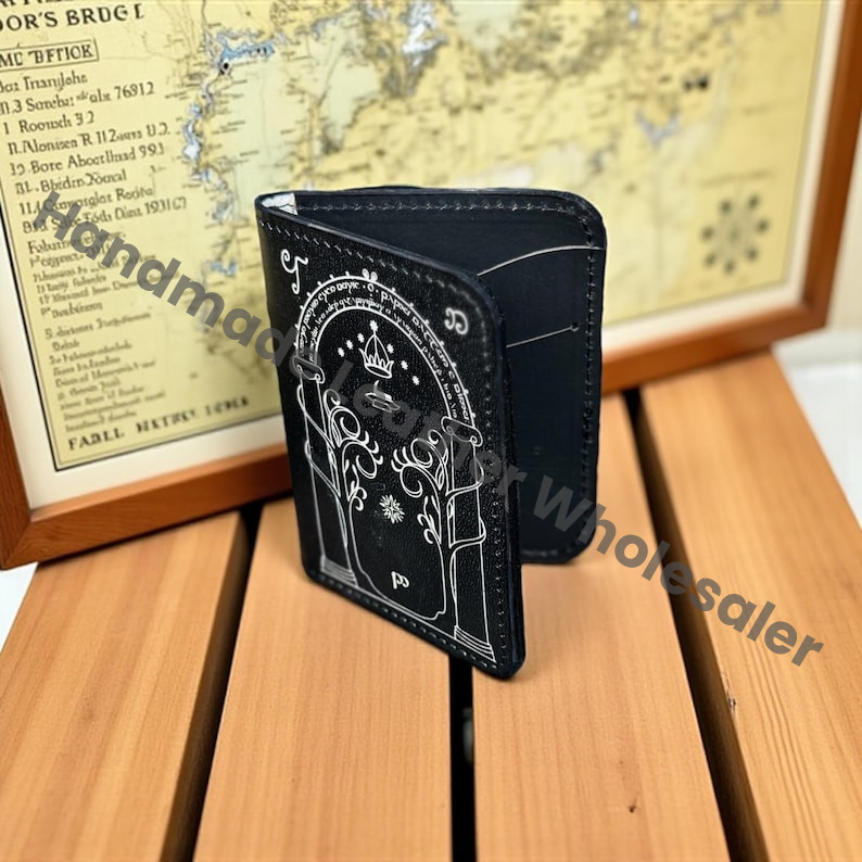 Handmade Leather Wallet with Door of Durin Design | 4 Card Slots | Tolkien Inspired