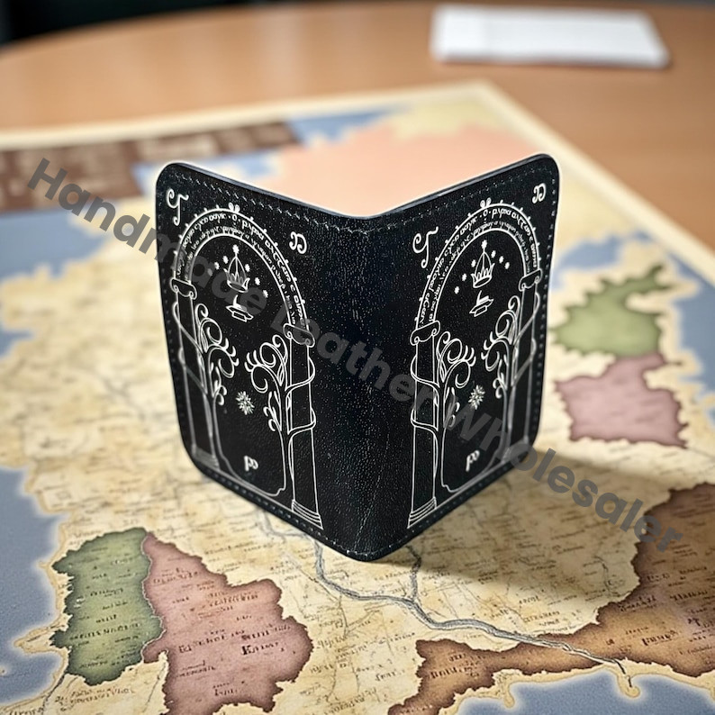 Handmade Leather Wallet with Door of Durin Design | 4 Card Slots | Tolkien Inspired
