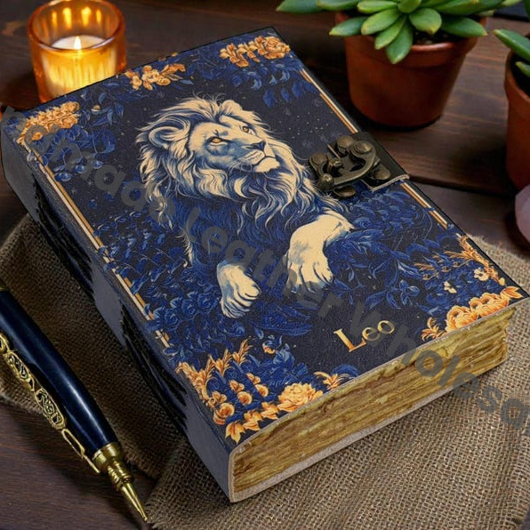 Handmade Leo Zodiac Leather Journal – Lion Astrology Notebook – blank Spell book of shadows Vintage Deckle Edge Paper