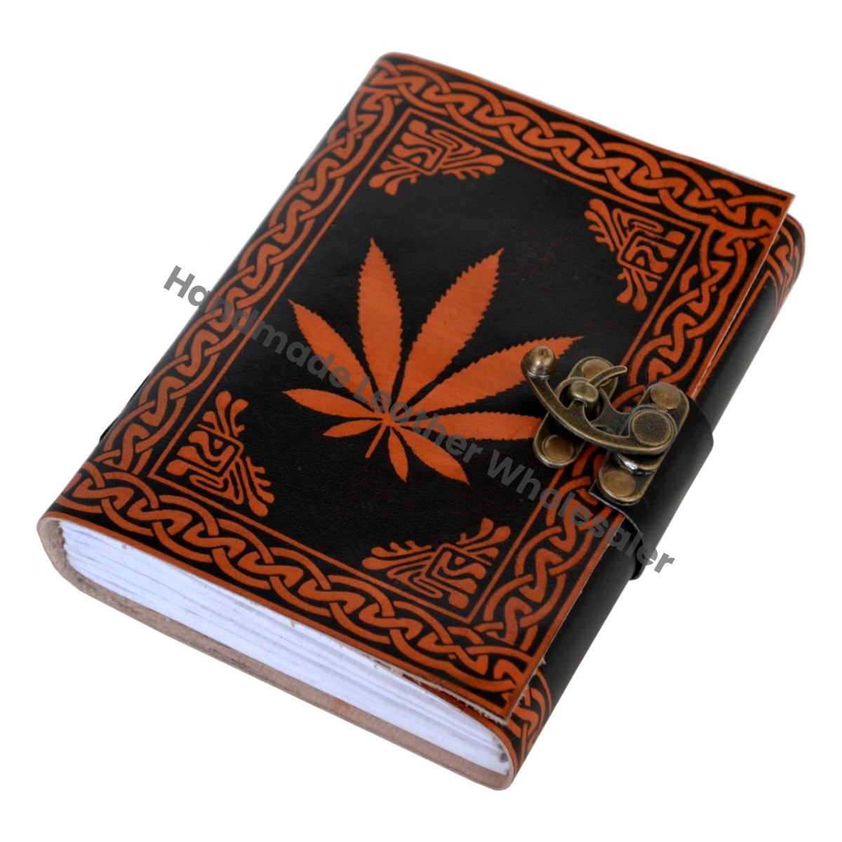 Handmade Loose-Leaf Sketchbook Notebook Day Planner Antique Leather Journal Orange Leaf Design Best Gift Unisex Cotton Paper