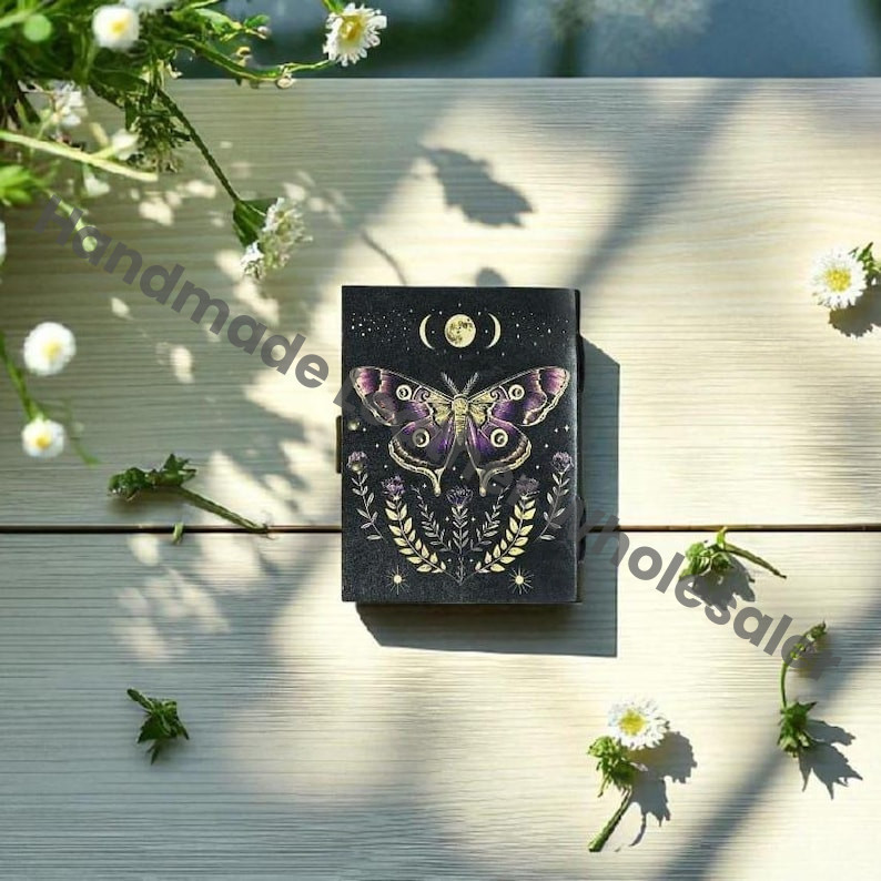 Handmade Luna Moth Leather Journal: Vintage Spell Book, Deckle Edge Paper