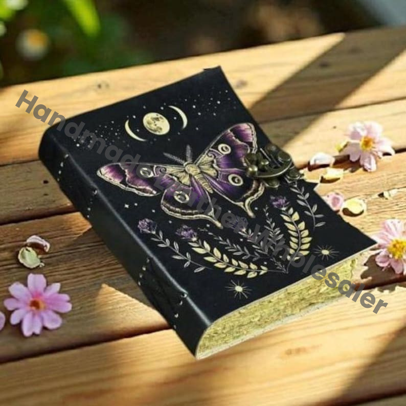 Handmade Luna Moth Leather Journal: Vintage Spell Book, Deckle Edge Paper