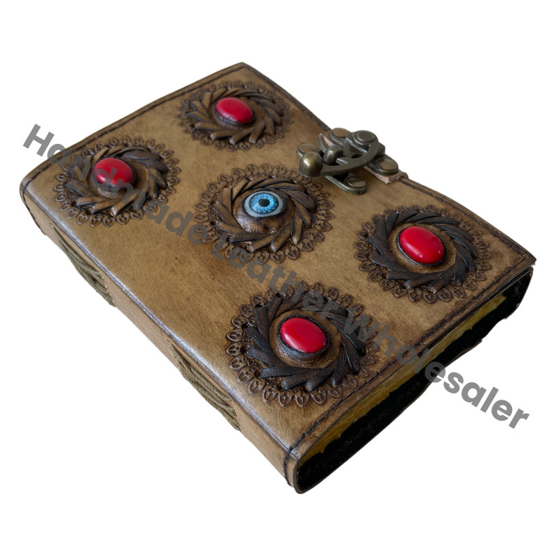 Handmade Medium Five Stone Eye Leather Loose-Leaf Journal Vintage Genuine Charcoal Design Notebook Travel Diary Gift Custom Logo