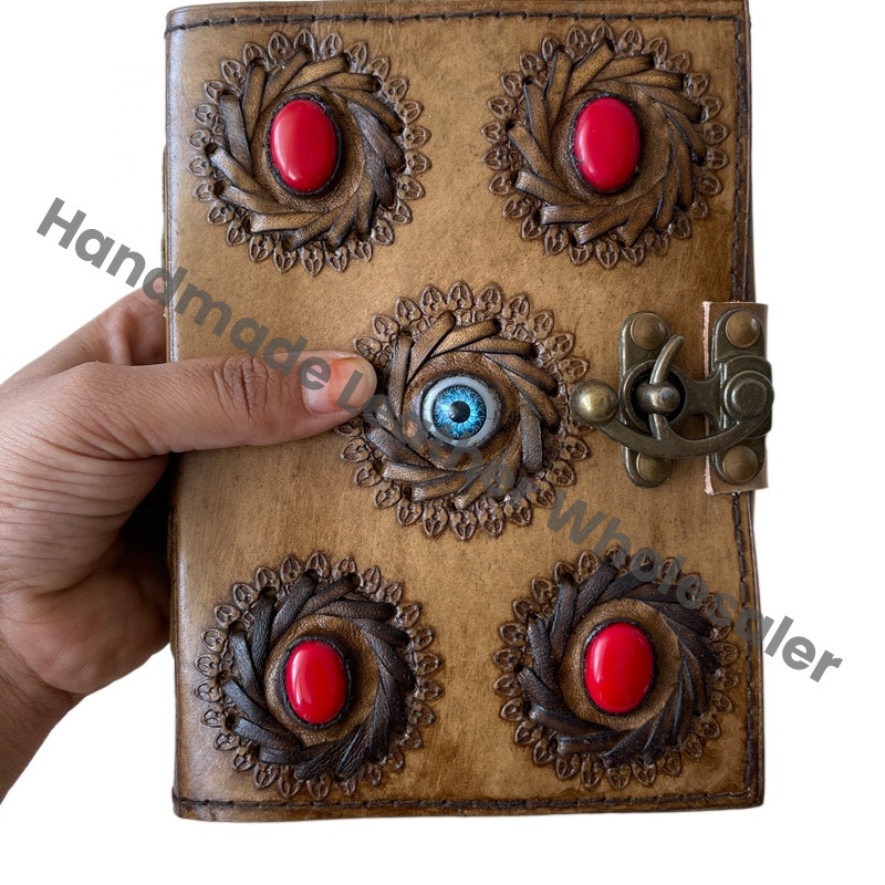 Handmade Medium Five Stone Eye Leather Loose-Leaf Journal Vintage Genuine Charcoal Design Notebook Travel Diary Gift Custom Logo