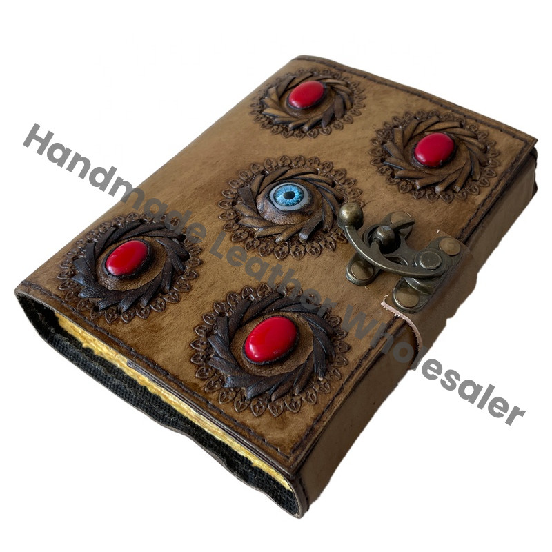 Handmade Medium Five Stone Eye Leather Loose-Leaf Journal Vintage Genuine Charcoal Design Notebook Travel Diary Gift Custom Logo
