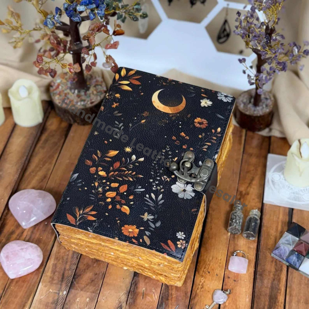 Handmade Moon & Floral Leather Journal | Vintage Witchy Notebook | Lunar Spell Book | Boho Gift for Her | Christmas Gift | Celestial Diary