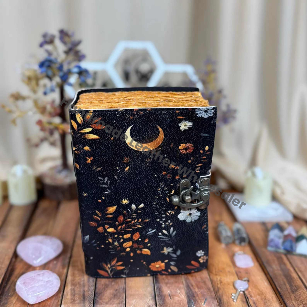 Handmade Moon & Floral Leather Journal | Vintage Witchy Notebook | Lunar Spell Book | Boho Gift for Her | Christmas Gift | Celestial Diary