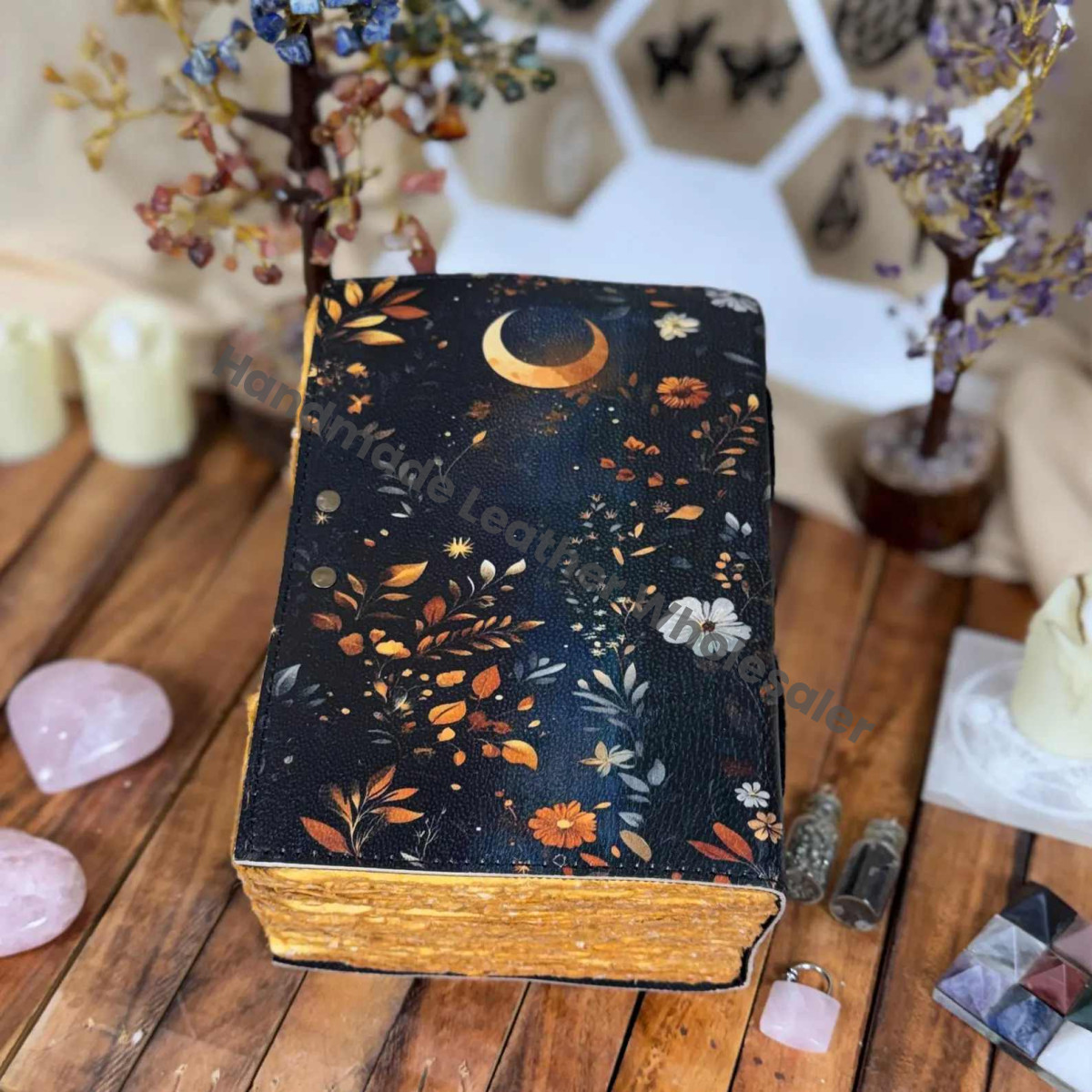 Handmade Moon & Floral Leather Journal | Vintage Witchy Notebook | Lunar Spell Book | Boho Gift for Her | Christmas Gift | Celestial Diary