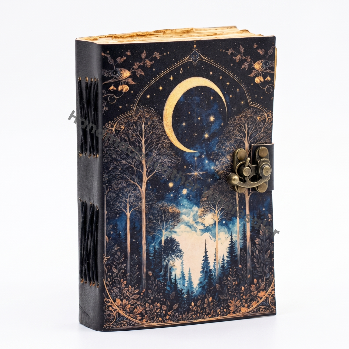 Handmade Moon Forest Spell Book Journal With Lock - Celestial Night Leather Notebook - Grimoire Diary - Antique Deckle Edge Paper