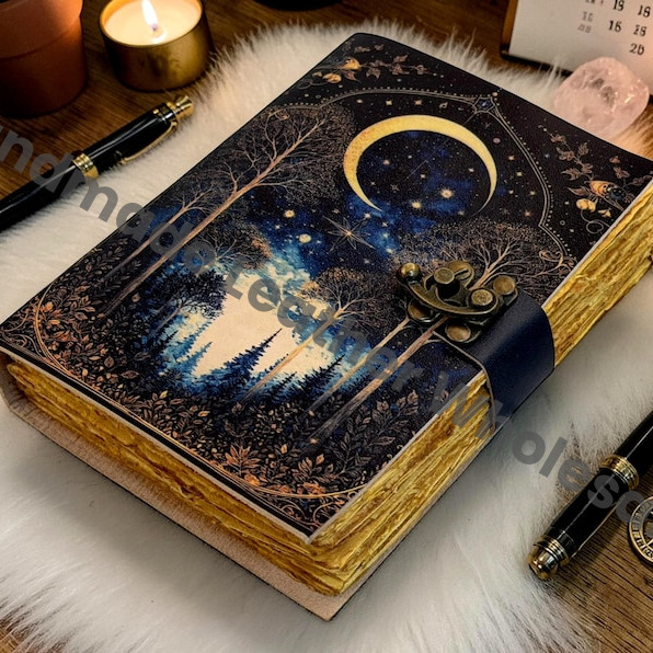 Handmade Moon Forest Spell Book Journal With Lock - Celestial Night Leather Notebook - Grimoire Diary - Antique Deckle Edge Paper