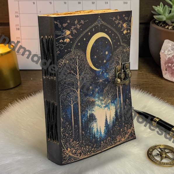 Handmade Moon Forest Spell Book Journal With Lock - Celestial Night Leather Notebook - Grimoire Diary - Antique Deckle Edge Paper