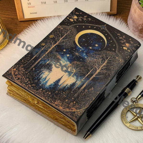 Handmade Moon Forest Spell Book Journal With Lock - Celestial Night Leather Notebook - Grimoire Diary - Antique Deckle Edge Paper