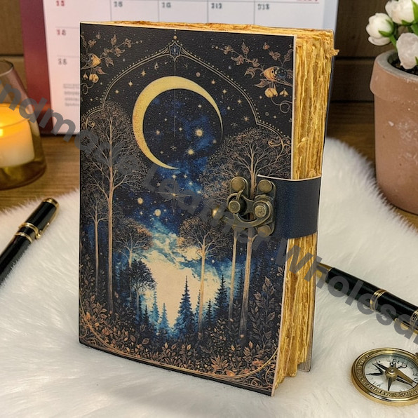 Handmade Moon Forest Spell Book Journal With Lock - Celestial Night Leather Notebook - Grimoire Diary - Antique Deckle Edge Paper