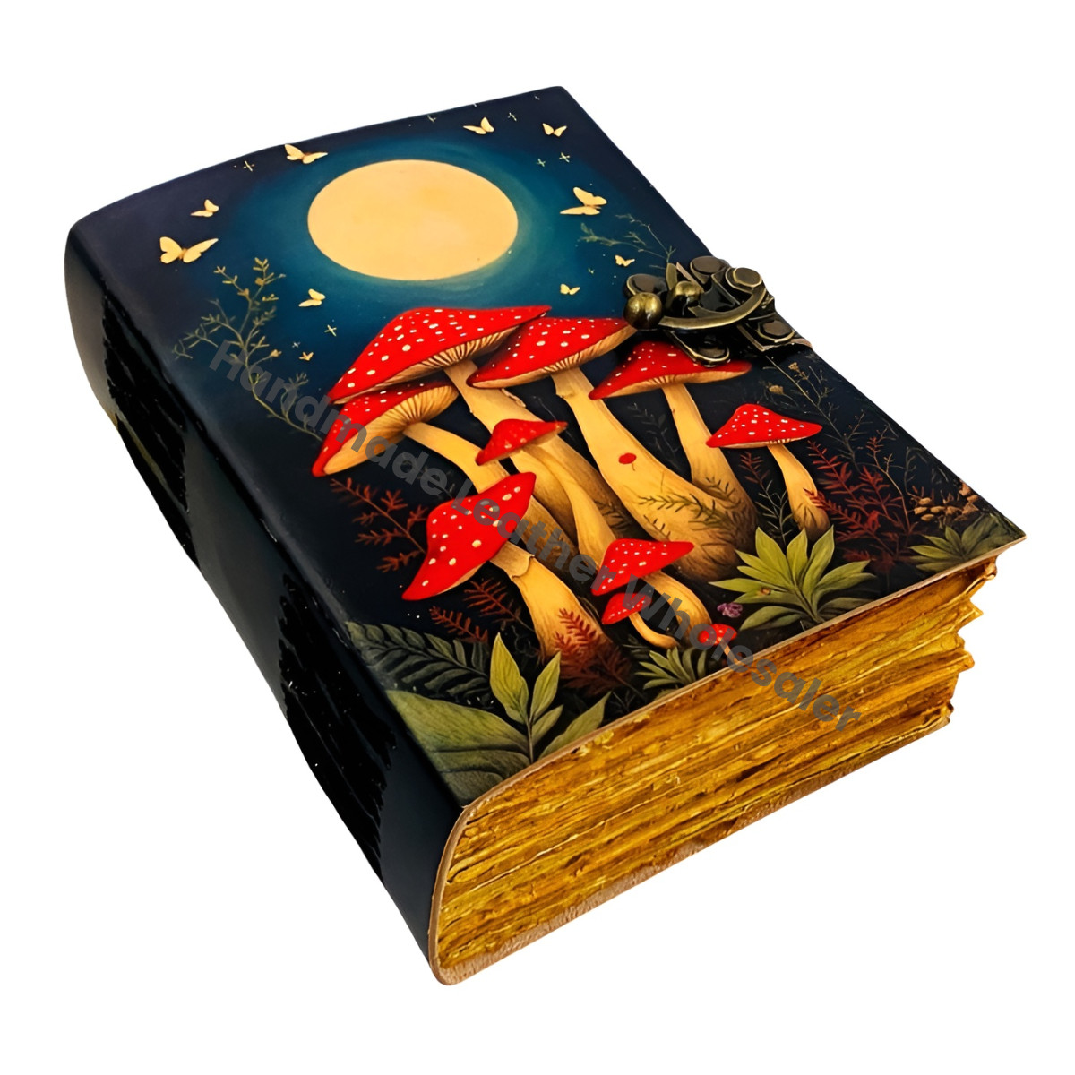 Handmade Mushroom Leather Journal, Fairy Moon Grimoire Notebook with Deckle Edge Paper, Cottagecore Fairycore Spell Book of Shadows