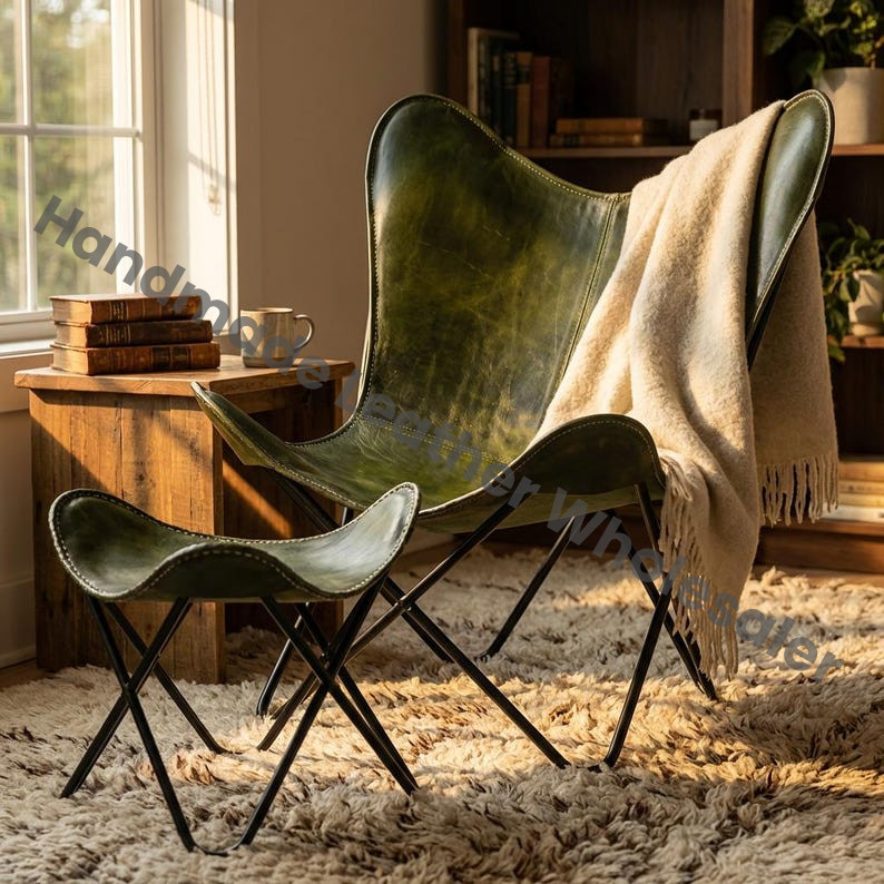 Handmade Olive Leather Butterfly Chair & Stool Set | Mid-Century Lounge Seating A Home Furniture Room Decor Chair Footstool