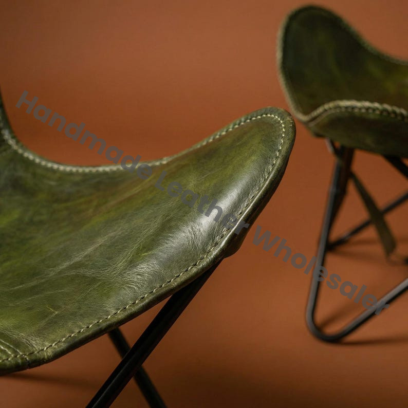 Handmade Olive Leather Butterfly Chair & Stool Set | Mid-Century Lounge Seating A Home Furniture Room Decor Chair Footstool