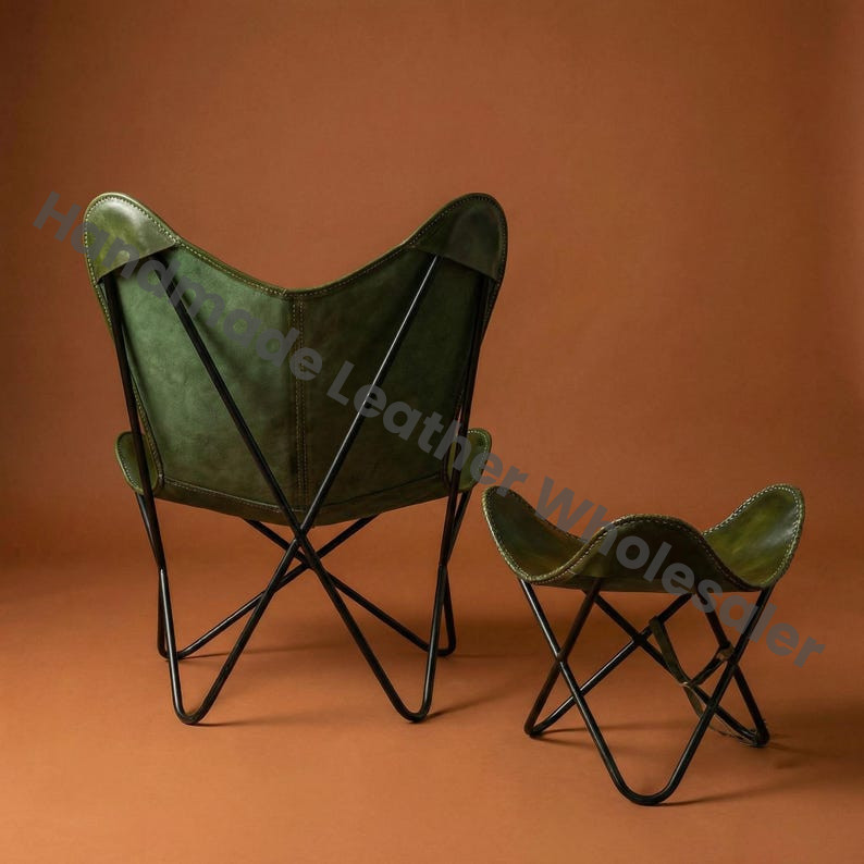 Handmade Olive Leather Butterfly Chair & Stool Set | Mid-Century Lounge Seating A Home Furniture Room Decor Chair Footstool