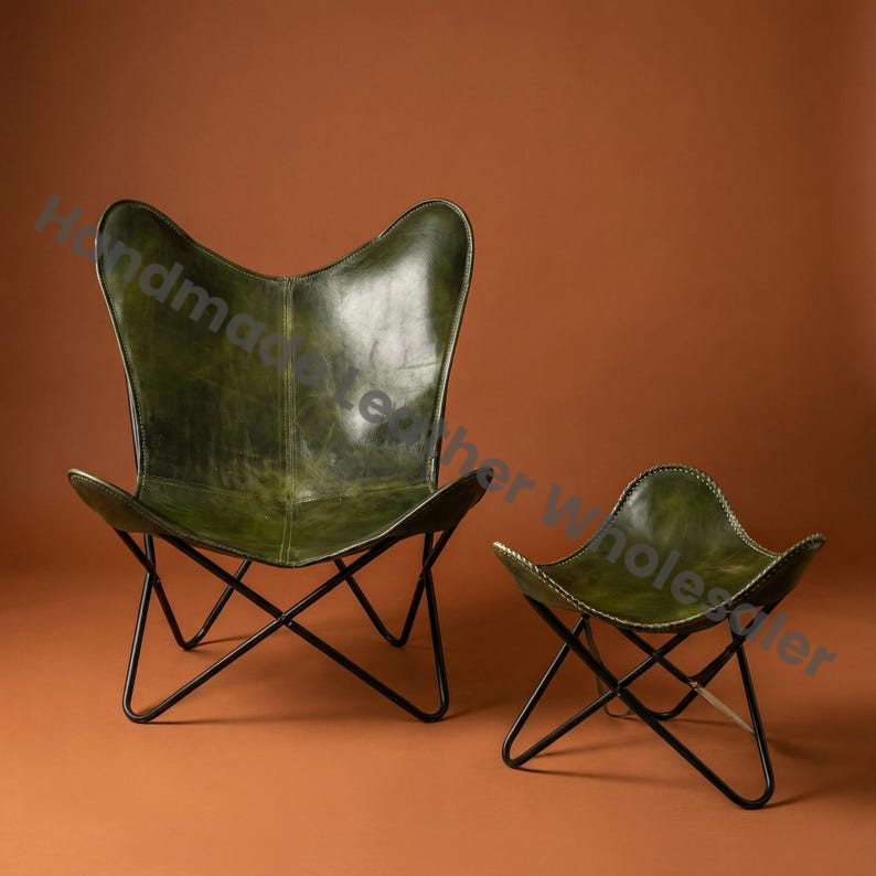 Handmade Olive Leather Butterfly Chair & Stool Set | Mid-Century Lounge Seating A Home Furniture Room Decor Chair Footstool