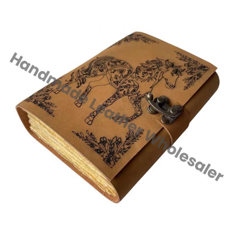 Handmade Organizer Leather Bound Journal Horse Design Hardcover Sketchbook Yellow Pages Vintage Style Organizer Planner