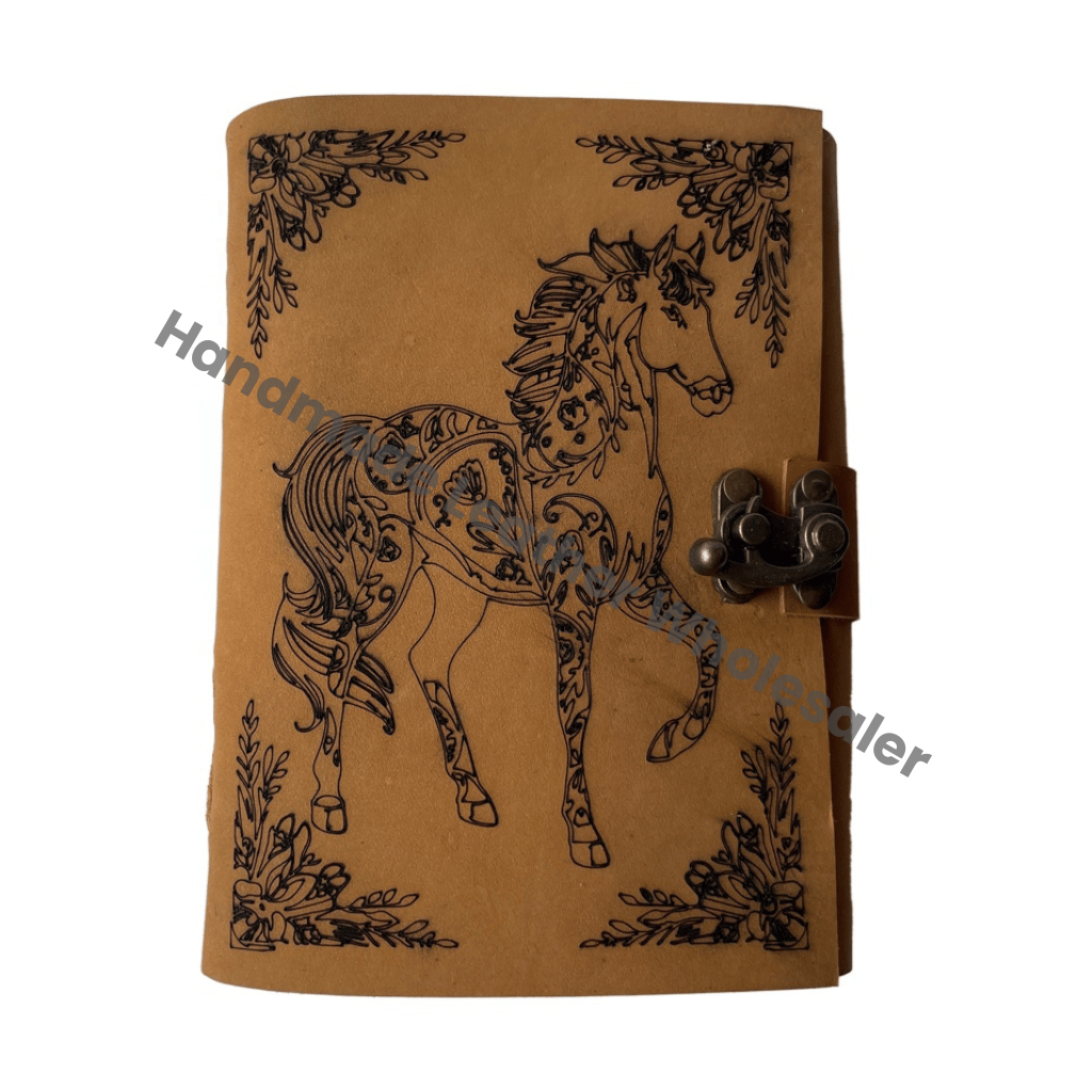 Handmade Organizer Leather Bound Journal Horse Design Hardcover Sketchbook Yellow Pages Vintage Style Organizer Planner