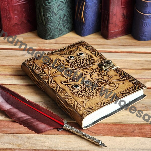 Handmade Owl Embossed Leather Journal, Book of Shadows