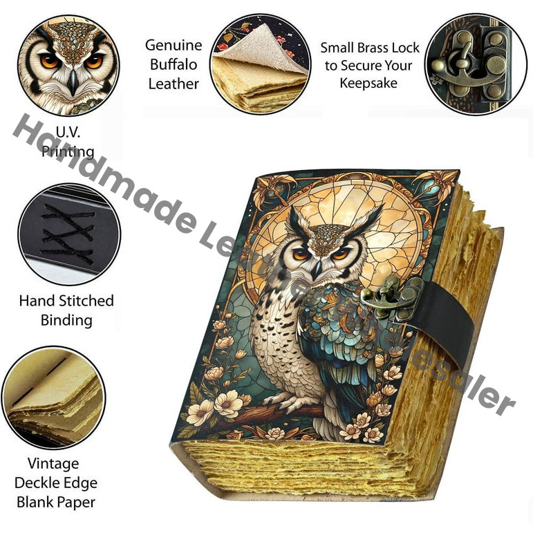 Handmade Owl Leather Grimoire: Witchy Book of Shadows, Blank Journal