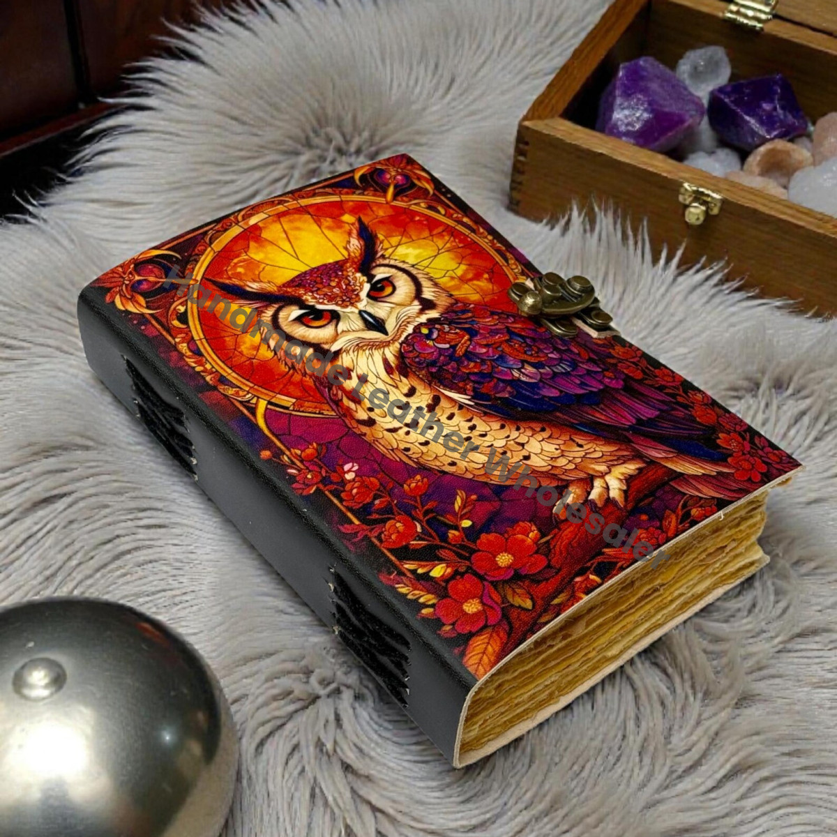 Handmade Owl Leather Grimoire - Witchy Book Of Shadows Vintage Blank Spell Journal