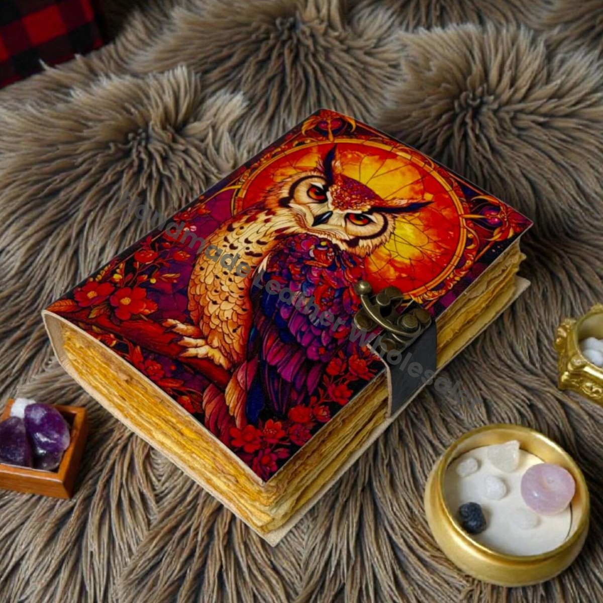 Handmade Owl Leather Grimoire - Witchy Book Of Shadows Vintage Blank Spell Journal