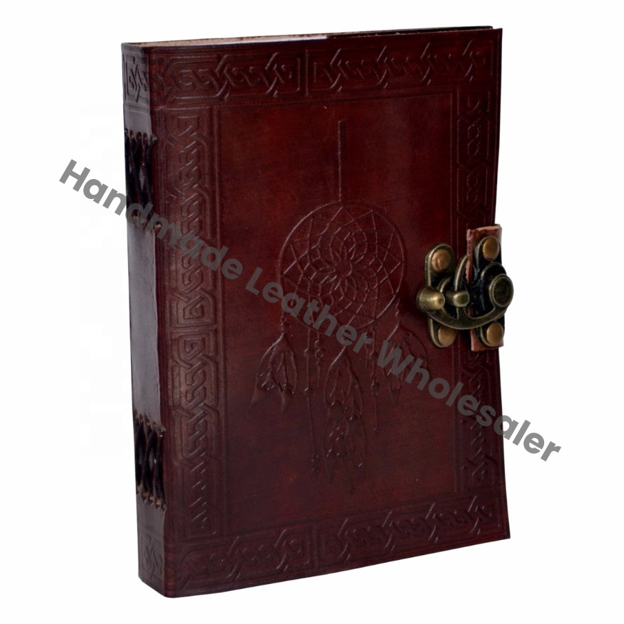 Handmade Paper Brown Leather Hardcover Journal New Celtic Dream Catcher Embossed Celtic Grimoire Bound Vintage Cotton Gift