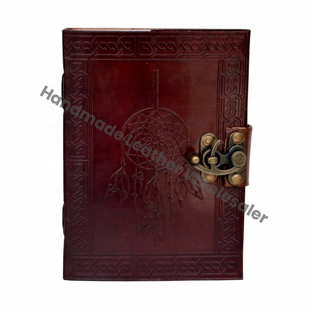 Handmade Paper Brown Leather Hardcover Journal New Celtic Dream Catcher Embossed Celtic Grimoire Bound Vintage Cotton Gift