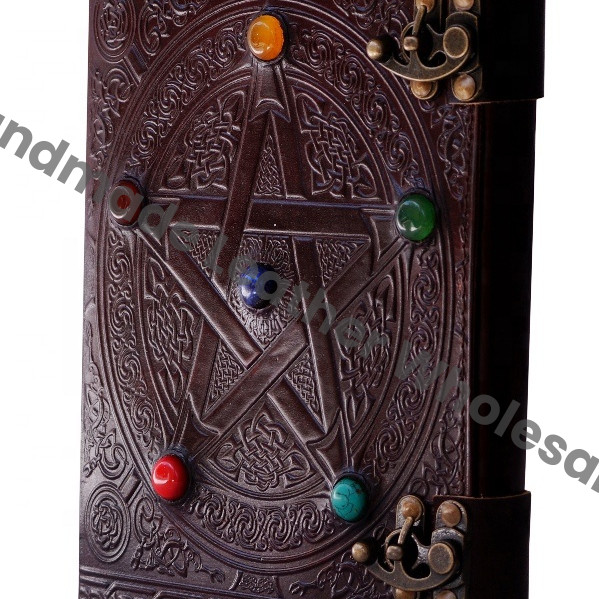 Handmade Pentagram Leather Hard Cover Journal Large Celtic Embossed Lock Grimoire Stone Notebook Planner Writing Travel Gift