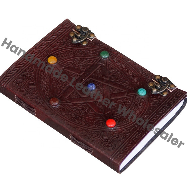 Handmade Pentagram Leather Hard Cover Journal Large Celtic Embossed Lock Grimoire Stone Notebook Planner Writing Travel Gift