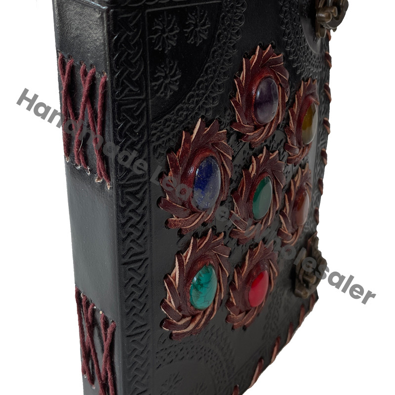 Handmade Personalized Vintage Leather Journal Thermal Binding Seven Chakra Stones for Education Secrets Grimoires Unique Gift