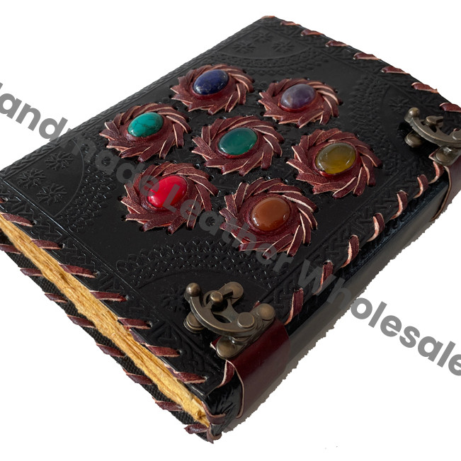 Handmade Personalized Vintage Leather Journal Thermal Binding Seven Chakra Stones for Education Secrets Grimoires Unique Gift